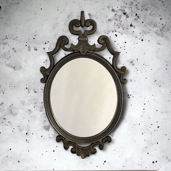Vintage Gothic Pewter Metal Oval Wall Mirror MCM Victorian - Picture 13 of 13